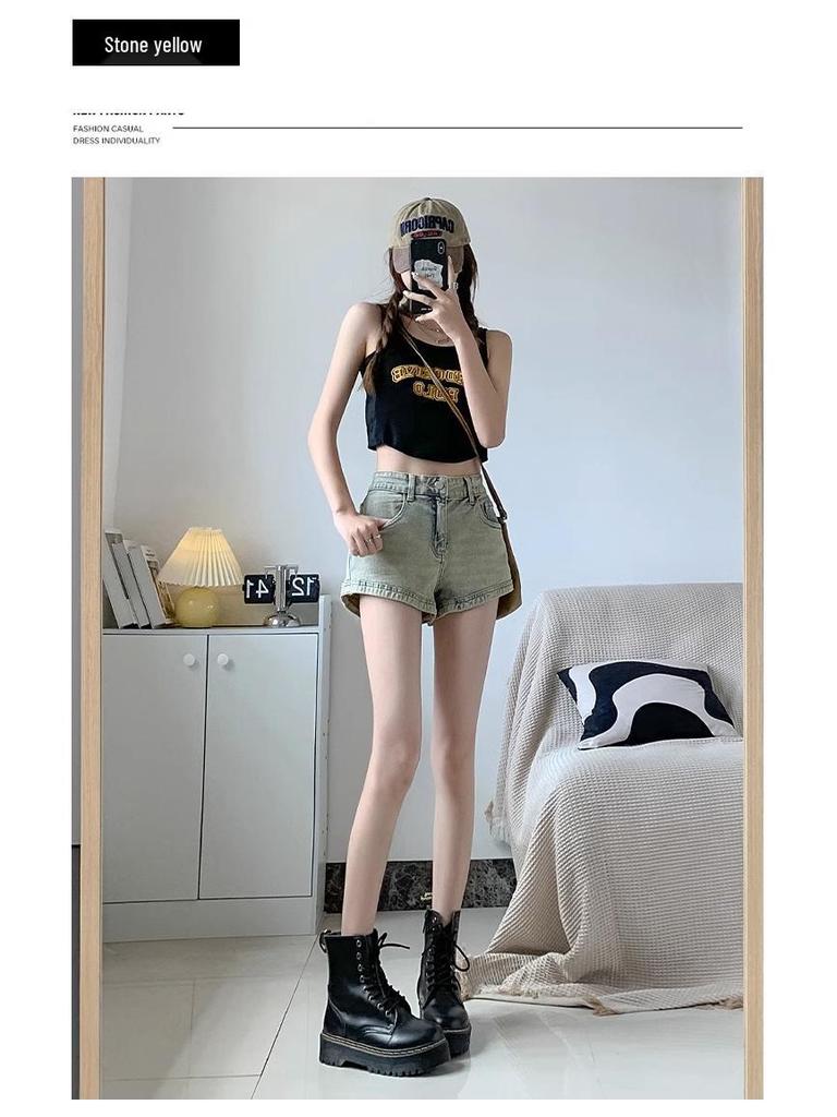 American Spicy Girl Women's High-Waist Denim Shorts, Summer 2024 - Slimming A-line Hot Pants, Washed Finish