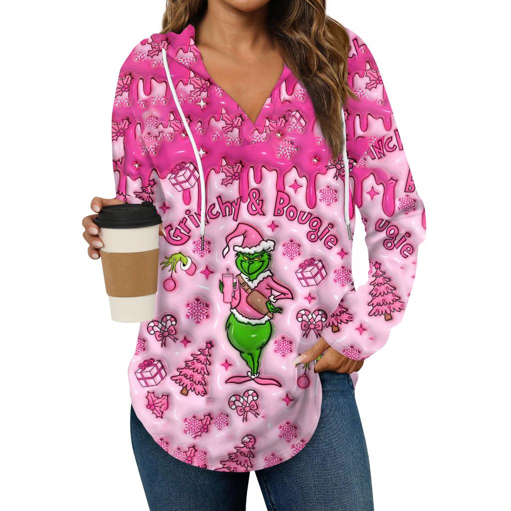 Women's Fashion Hoodies V Neck Long Sleeve Christmas Printed Drawstring Casual Loose Pullover Tops