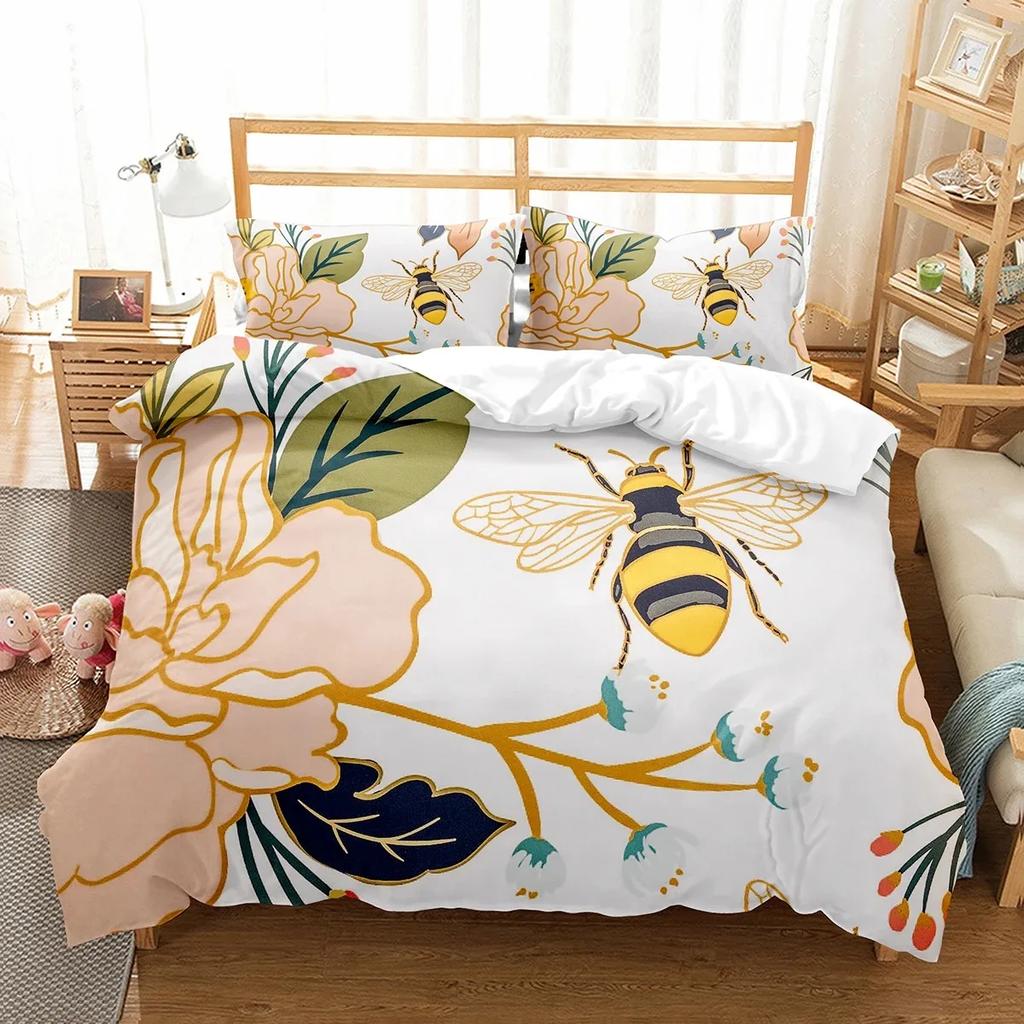 Yellow Bee Duvet Cover Set Cartoon Wild Animals Pattern Quilt Cover With Pillowcase Lightweight Soft Gift King Queen Full Size