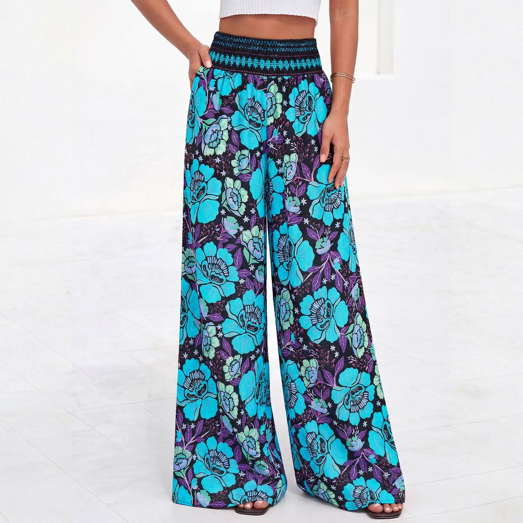 Women Plus Size Wide Leg Palazzo Pants Summer Boho Floral Print High Waist Elastic Waistband Lounge Trousers with Pockets
