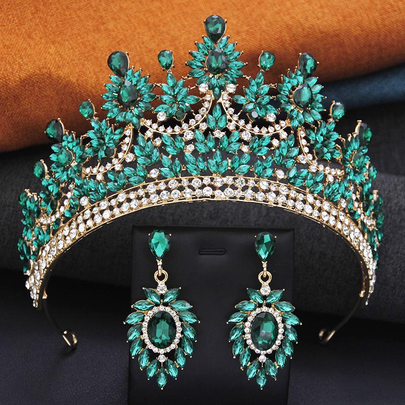 2 Pcs Opal Green Crown and Earrings Sets Royal Queen Tiaras Set for Wedding Hair Jewelry Party Prom Diadem Pageant Bridal