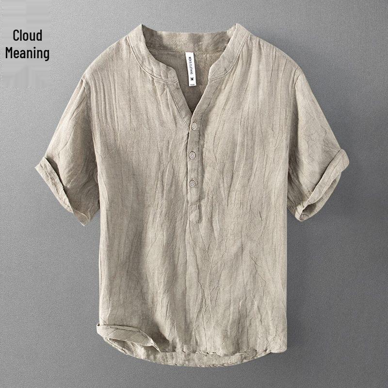 

Мужская летняя льняная футболка с V-образным вырезом в китайском стиле - с коротким рукавом, свободная, в стиле ретро-кэжуал 2XL [110-125 jin] хаки