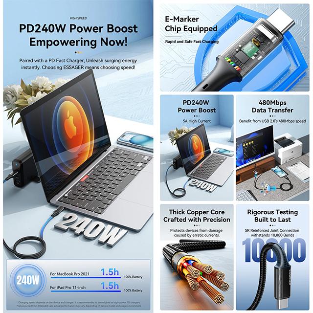 Essager 240W USB Type C Cable for iPhone 15 Pro Max PD3.1 Super Fast Charging Type C Cable 5A for Xiaomi Macbook Pro iPad Laptop