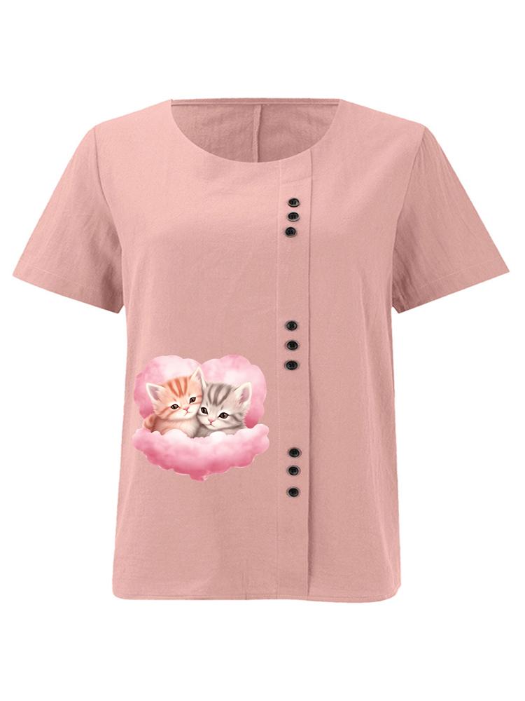 

Женская модная футболка с принтом для любителей кошек, с круглым вырезом, коротким рукавом, повседневная, из хлопка и льна, с графическим рисунком, для отдыха, свободная, летняя блузка, топы S розовый