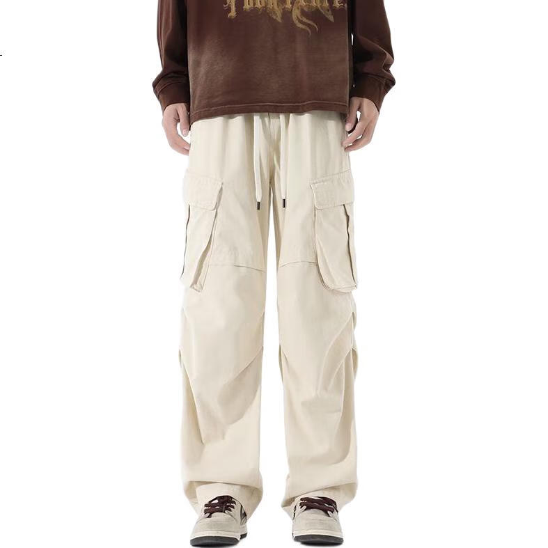 MMOPTOP Cotton Casual Pants for Men, Spring And Summer American Retro High Street Paratrooper Cargo Pants 8381 Off-White L