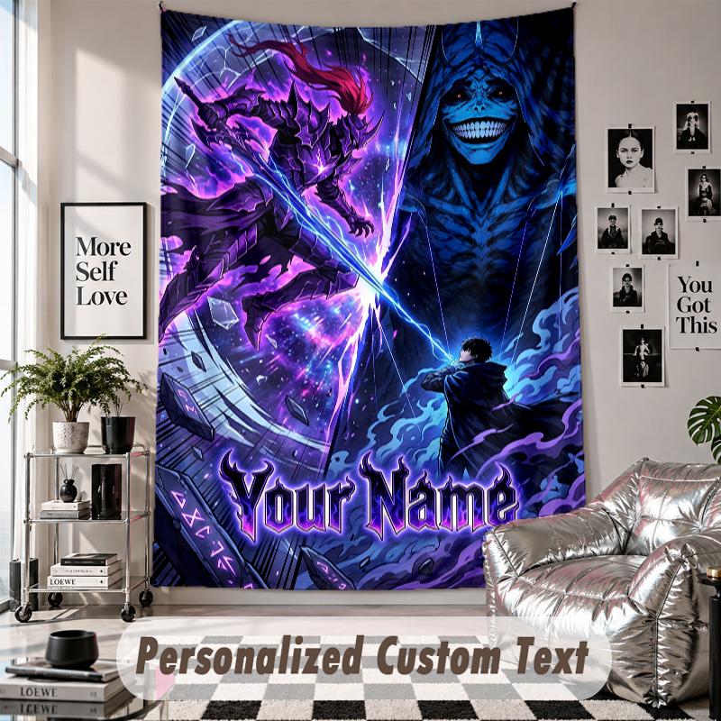 Wall Hanging Tapestry With Custom Name & Text, Solo Leveling Decorative Tapestry For Bedroom