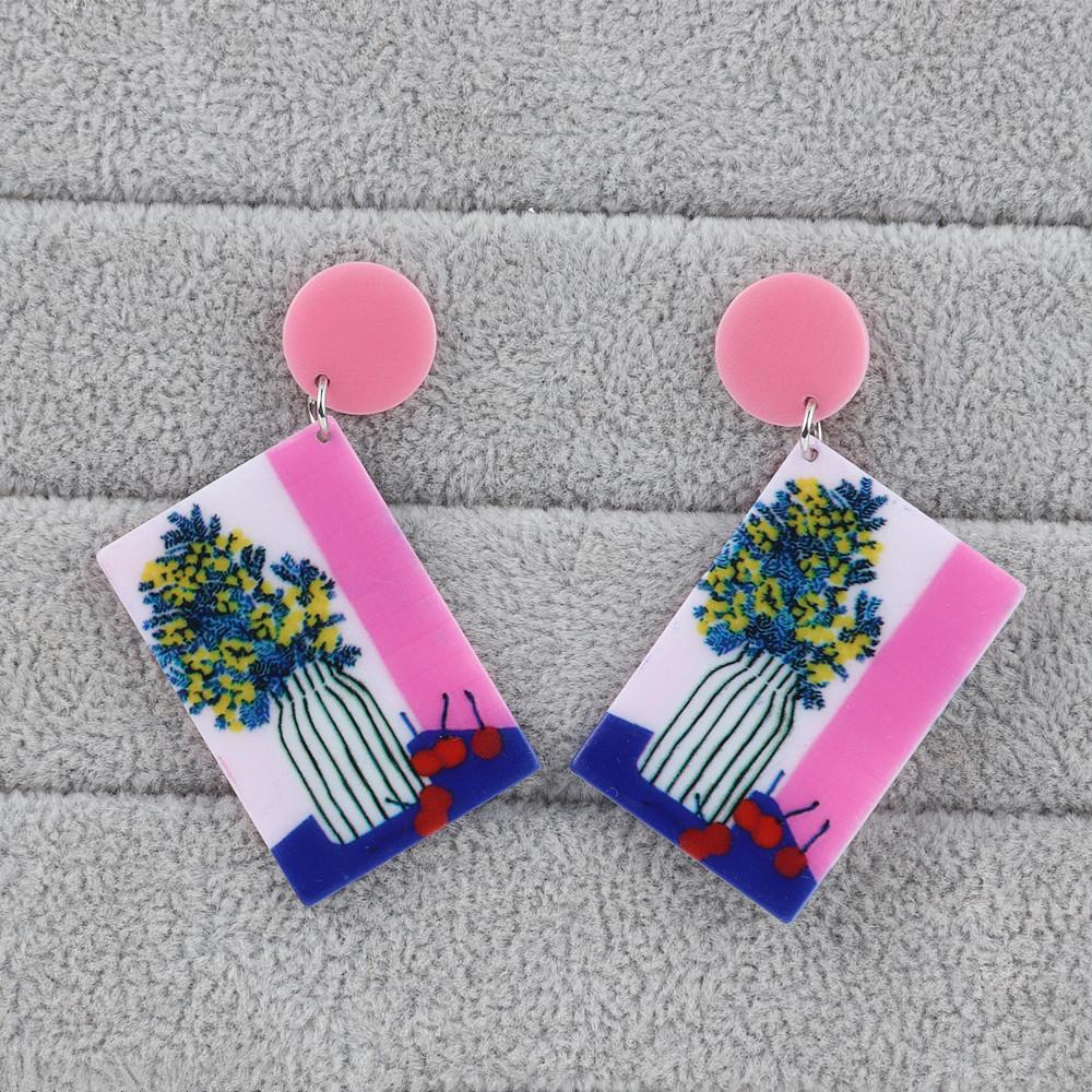 Colorful Figure Pattern Painting Printing Acrylic Earrings For Women Girls Geometric Square Long Earrings Pendant Jewelry Gifts