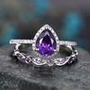 Charming Pear Purple Cubic Zircon Set Rings for Women Wedding Party Temperament Elegant Lady Accessories Fashion Jewelry