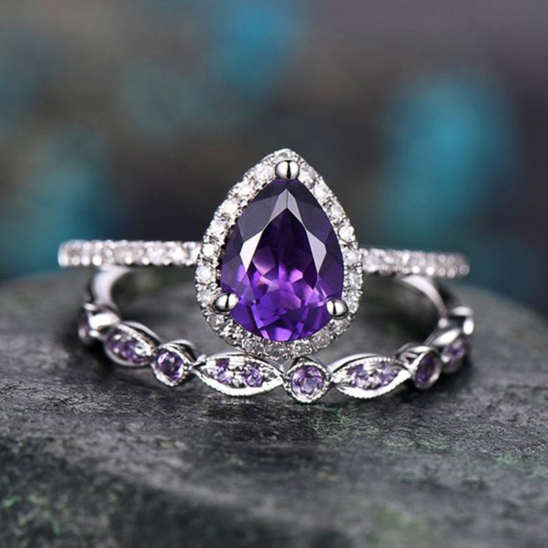 Charming Pear Purple Cubic Zircon Set Rings for Women Wedding Party Temperament Elegant Lady Accessories Fashion Jewelry