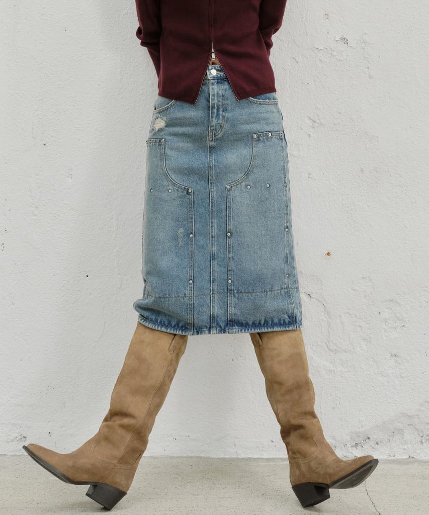 Plack Woman Rivet Point Midi Denim Skirt Mid Blue