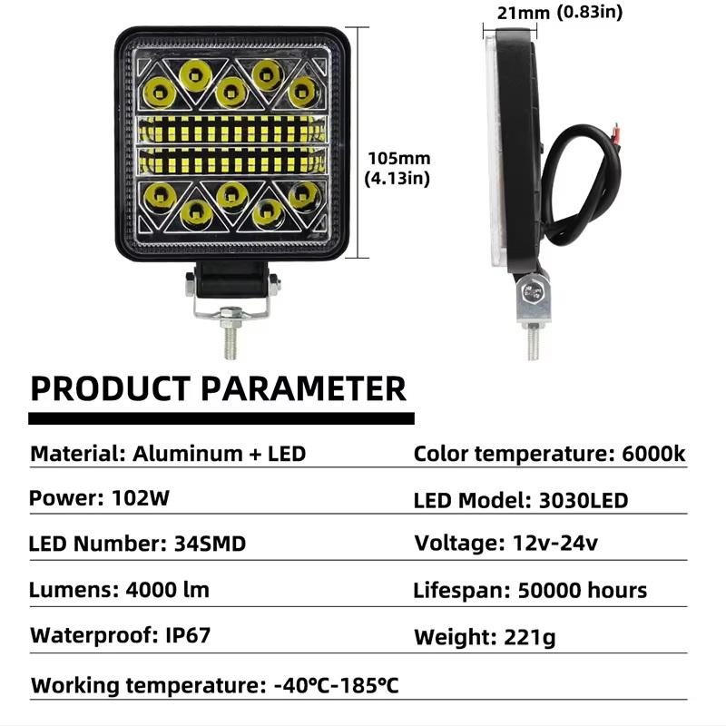 1Pcs 72W/102W Lightbar Spotlight Offroad Led Work Light Bar 3030 Led 34Smd Square For Tractor Suv Truck Driving Fog Lamp