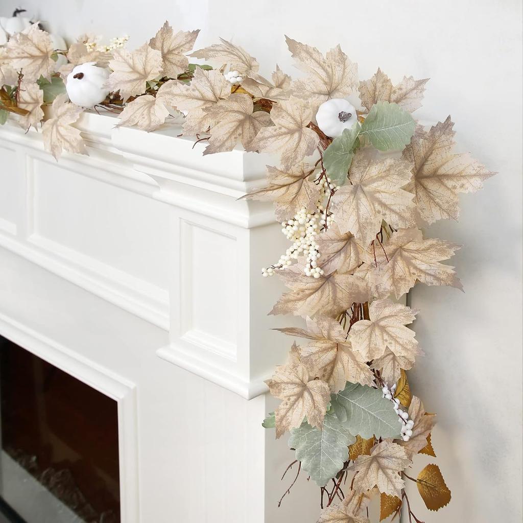Fall Decor - Fall Garland - 6Ft Autumn Maples Leaf Pumpkin Berry Garland - Thanksgiving Halloween Mantle Fireplace Farmhouse Harvest Decorations for