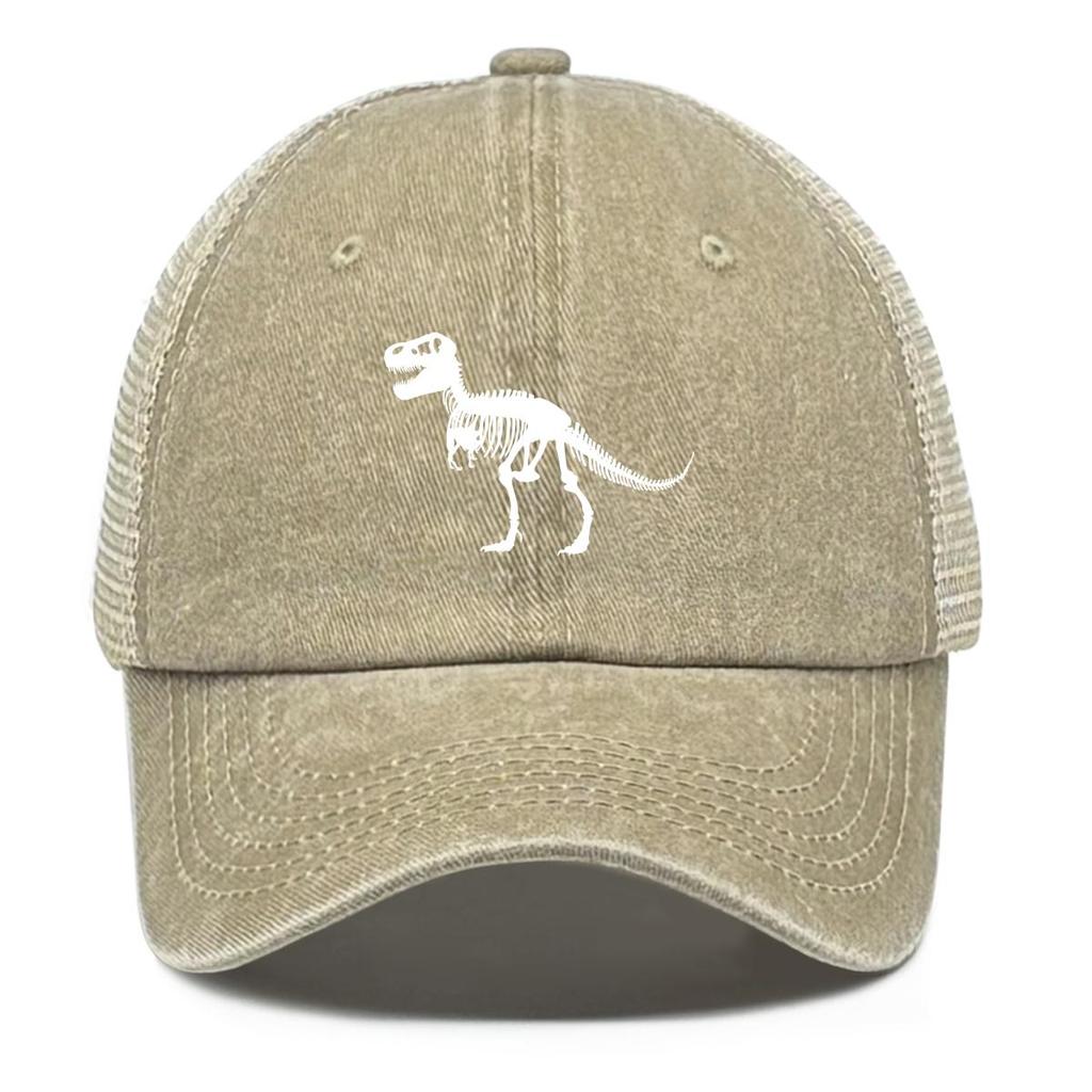 Pure White Dinosaur Print Snapback Trucker Hat, Animal Man's Cap Vintage Solid Color Non-Stretch Fabric Headwear Adjustable Baseball Cap