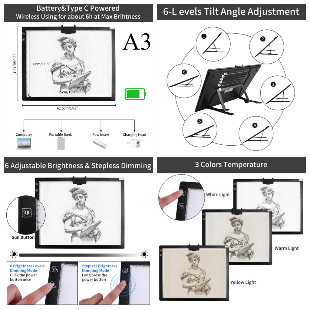 A3/A4 3 Level Dimmable Led Light Pad Drawing Board Pad Tracing Light Box Eye Protection Easier for Diamond Painting Cross Stitch