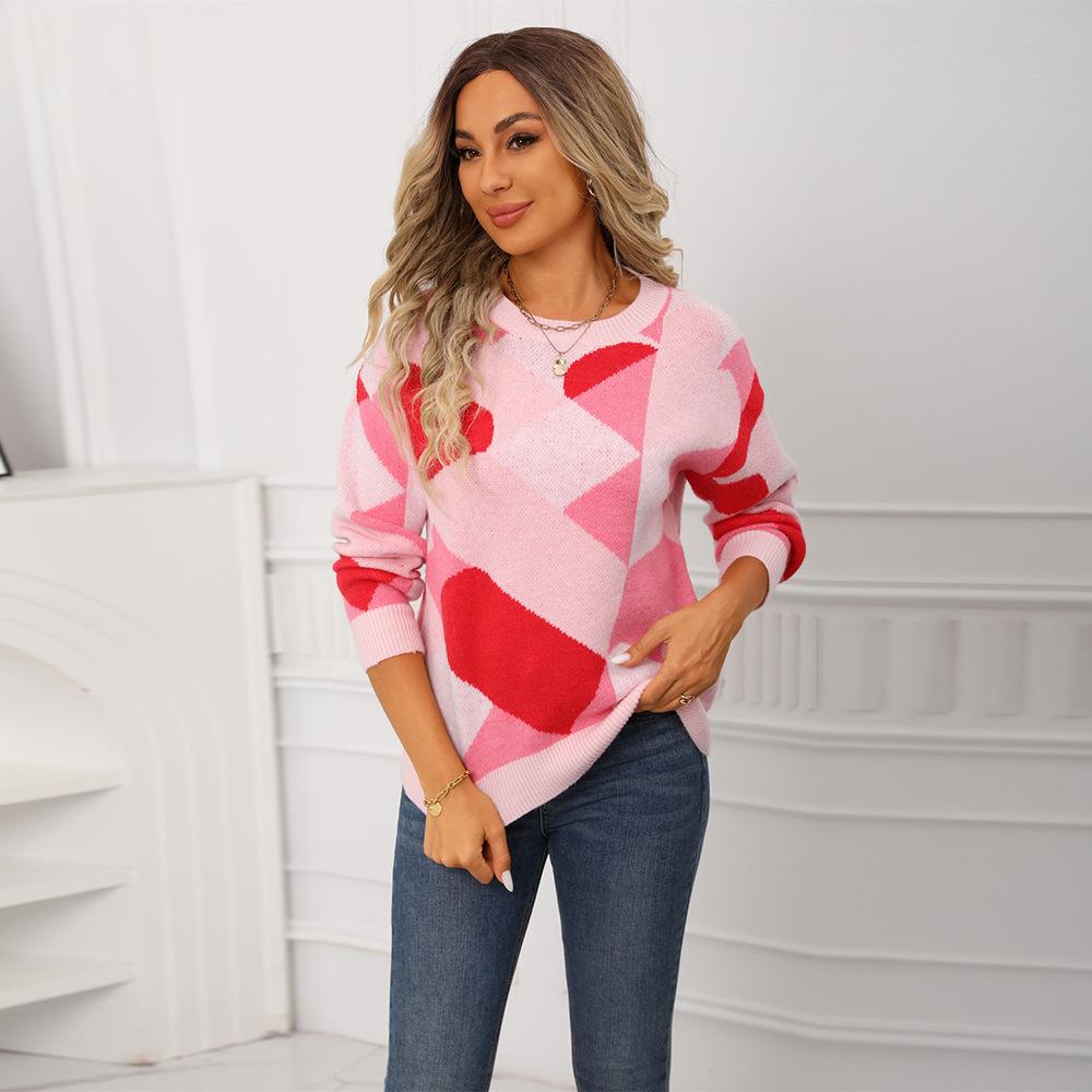 Autumn and Winter Round-neck Checkerboard Sweater, Valentine's Day Knitted Sweater Top