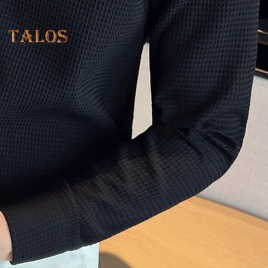 Men Spring Fall Shirt Frence Style Turn-down Collar Slim Fit Waffle Texture Single-breasted Long Sleeves Pure Color Mid Length Young Formal Business