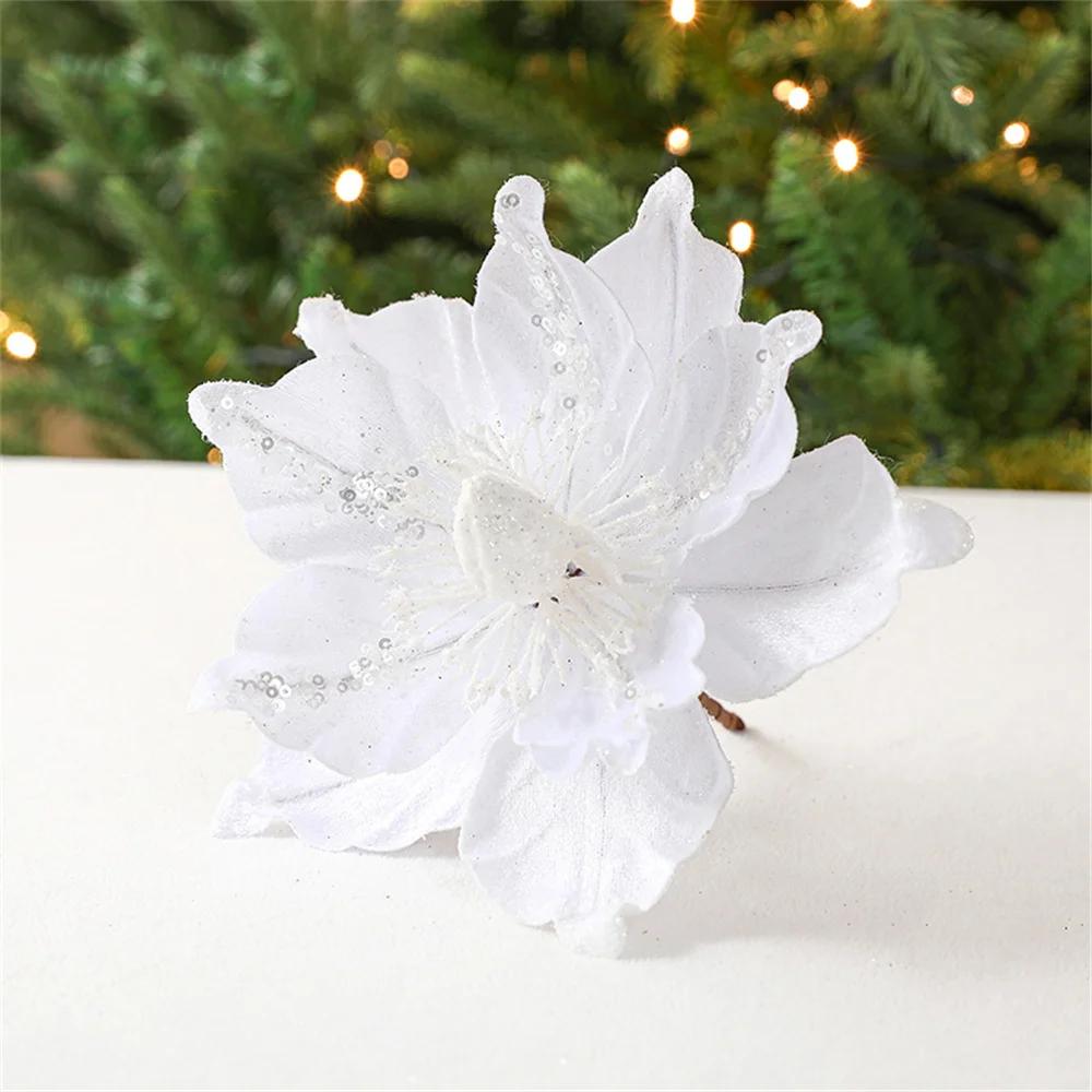 Polyester Fiber Hang Flower On Christmas Tree Sparkling Glitter Artificial Flower Ornament Decor Vibrant Mas Flowers For Gift