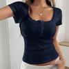 New Sexy and Comfortable European and American New Hollow Lace Slim Fit Solid Color Button Short Sleeves