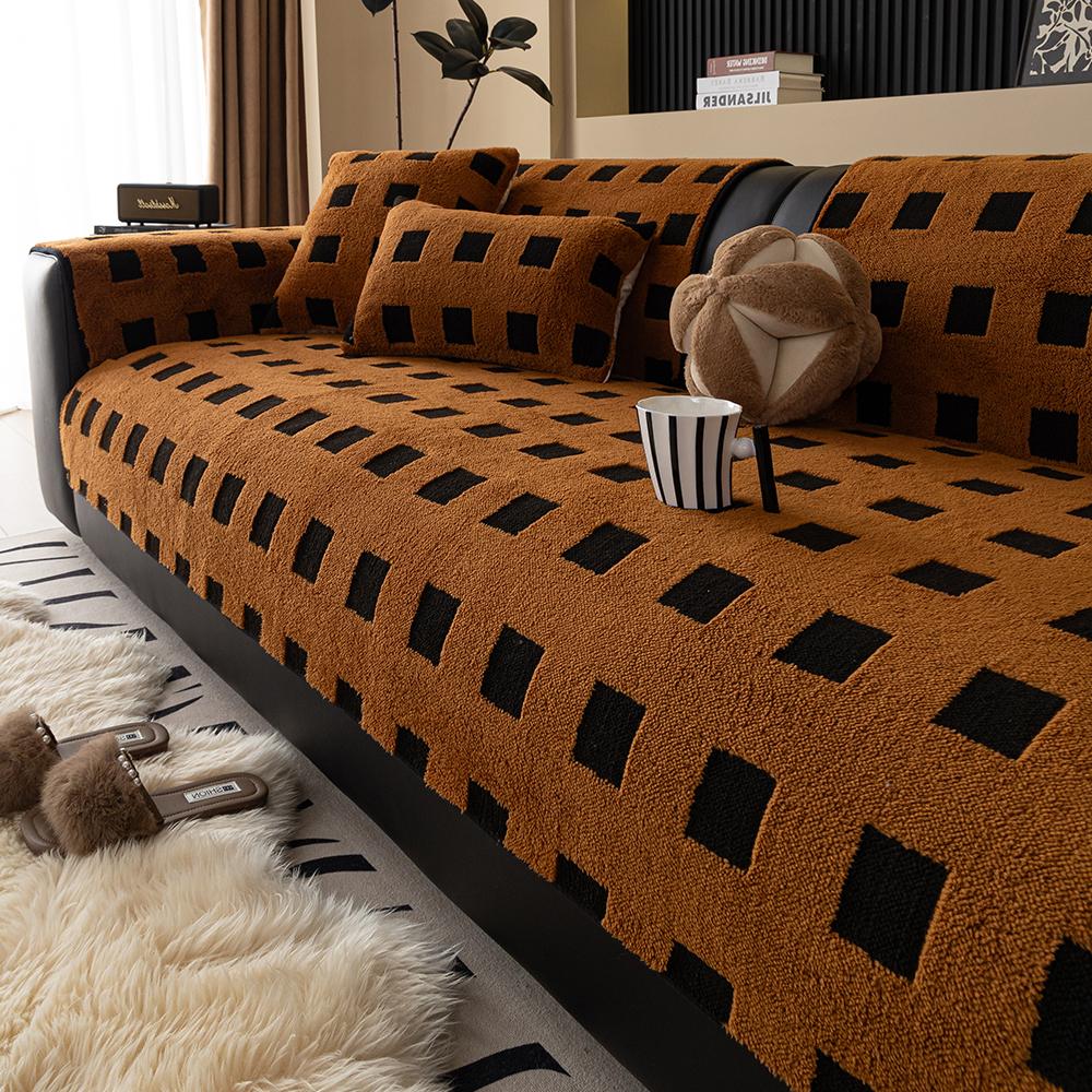 Winter Plush Sofa Cushion Checkered Pattern Soft  Warm Home Protection Cover Anti-Slip Sofa Pad for Living Room Decor Office