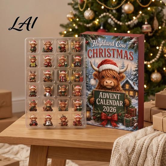 Cute Collection Figurines 2026 Highland Cow Christmas Advent Calendar 24-Day Acrylic Countdown Ornament Set with Calendar Mini Figures Tree Hanging