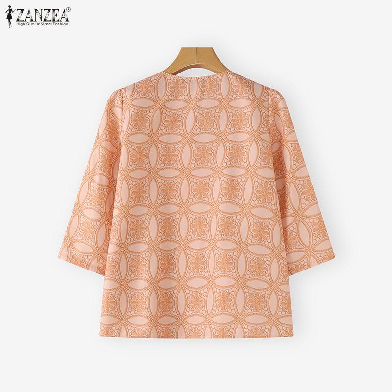ZANZEA Damen Casual V-Ausschnitt 3/4-Ärmel Locker Bedruckte Bluse