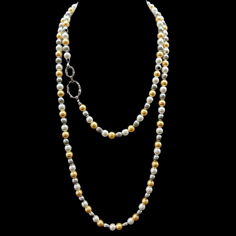 French Mixed Color Pearl Long Necklace With Zirconium Geometric Buckle Simple High-end Temperament