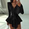 Women Fashion Solid Color V Neck Flare Sleeve Ruffle High Waist Slim Mini Dress