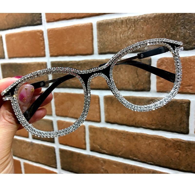 Fashion Rhinestone Farsighted Reading Glasses Women Clear Round Anti Blue Light Prescription Computer Glasses Diopter 0 To +6.0