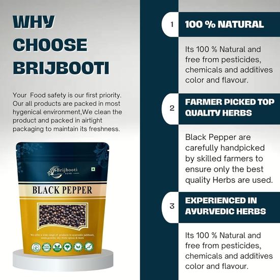 BrijBooti Black Pepper 50 Gm - Kali Mirch - Black Mirch Whole - Black Pepper Whole - Peppercorn - Kali Mirch Sabut
