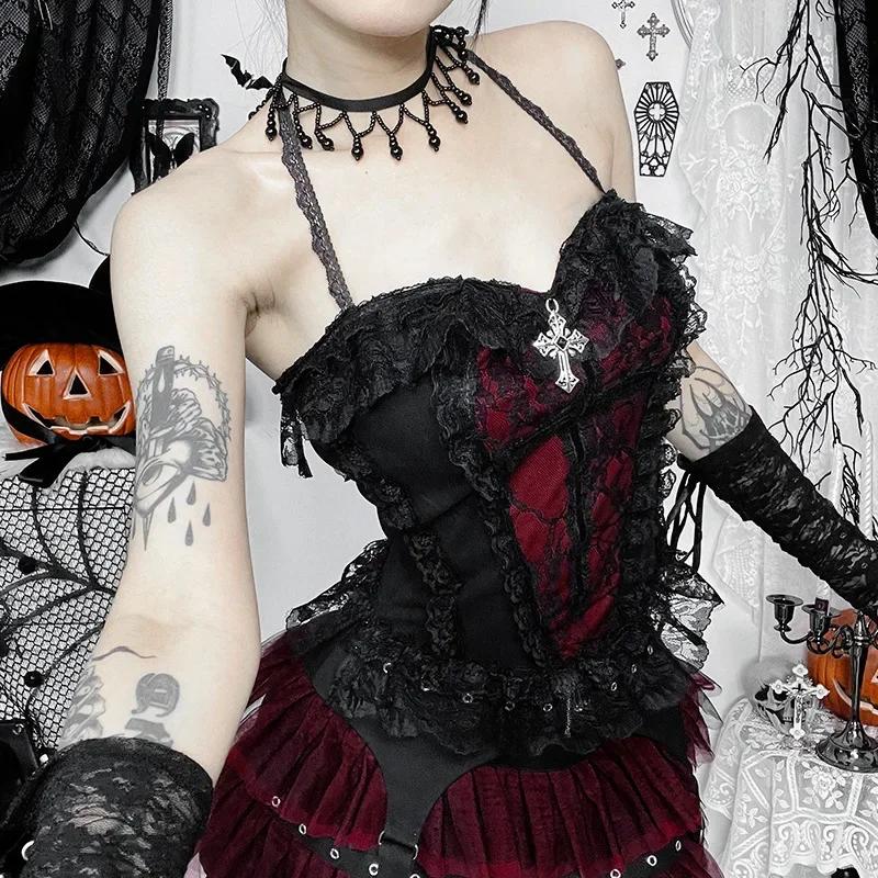 AltGoth Gothic Hotsweet Camisole Damen Vintage Ästhetik Y2k E-Girl Hipster Spitze Patchwork Neckholder Crop Tank Tops Cosplay Kleidung