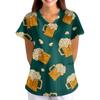 Women's Oktoberfest Print V-Neck Short Sleeve Scrub Top with Pockets, Loose Fit