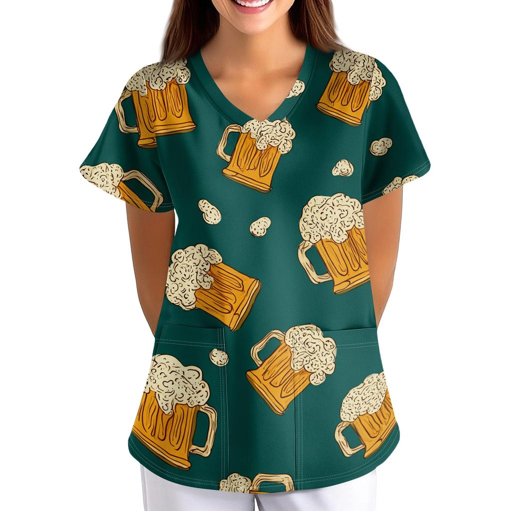 Women's Oktoberfest Print V-Neck Short Sleeve Scrub Top with Pockets, Loose Fit