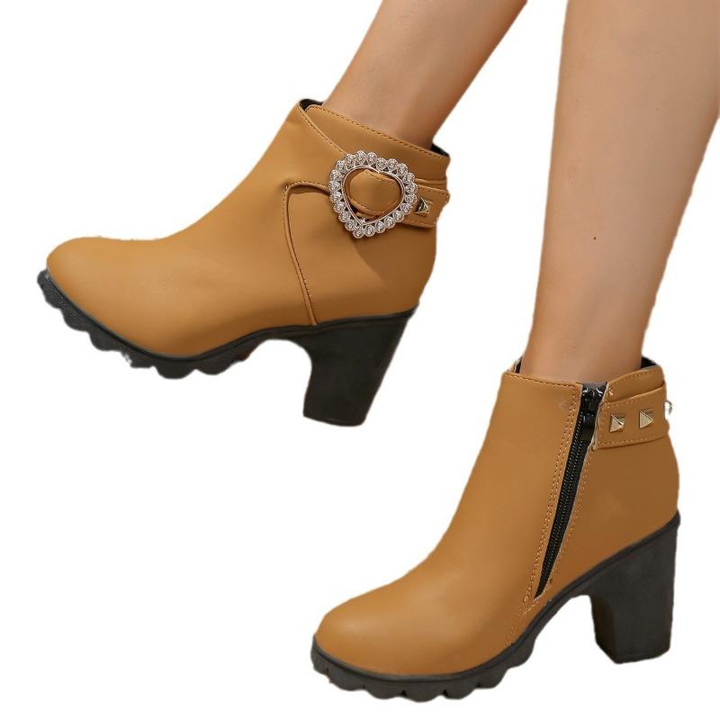 Large Size Leather Boots High Heel Short Boots Children's Heel Round Head Side Zipper Martin Boots
