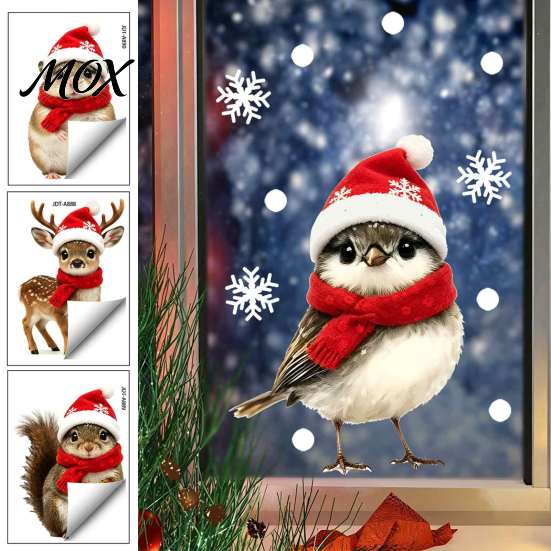 Christmas Party Home Decor Animals Static Window Stickers, Deer Bird Squirrel Hamster Snowflake Decals, Outdoor Decorations Easy Peel & Stick