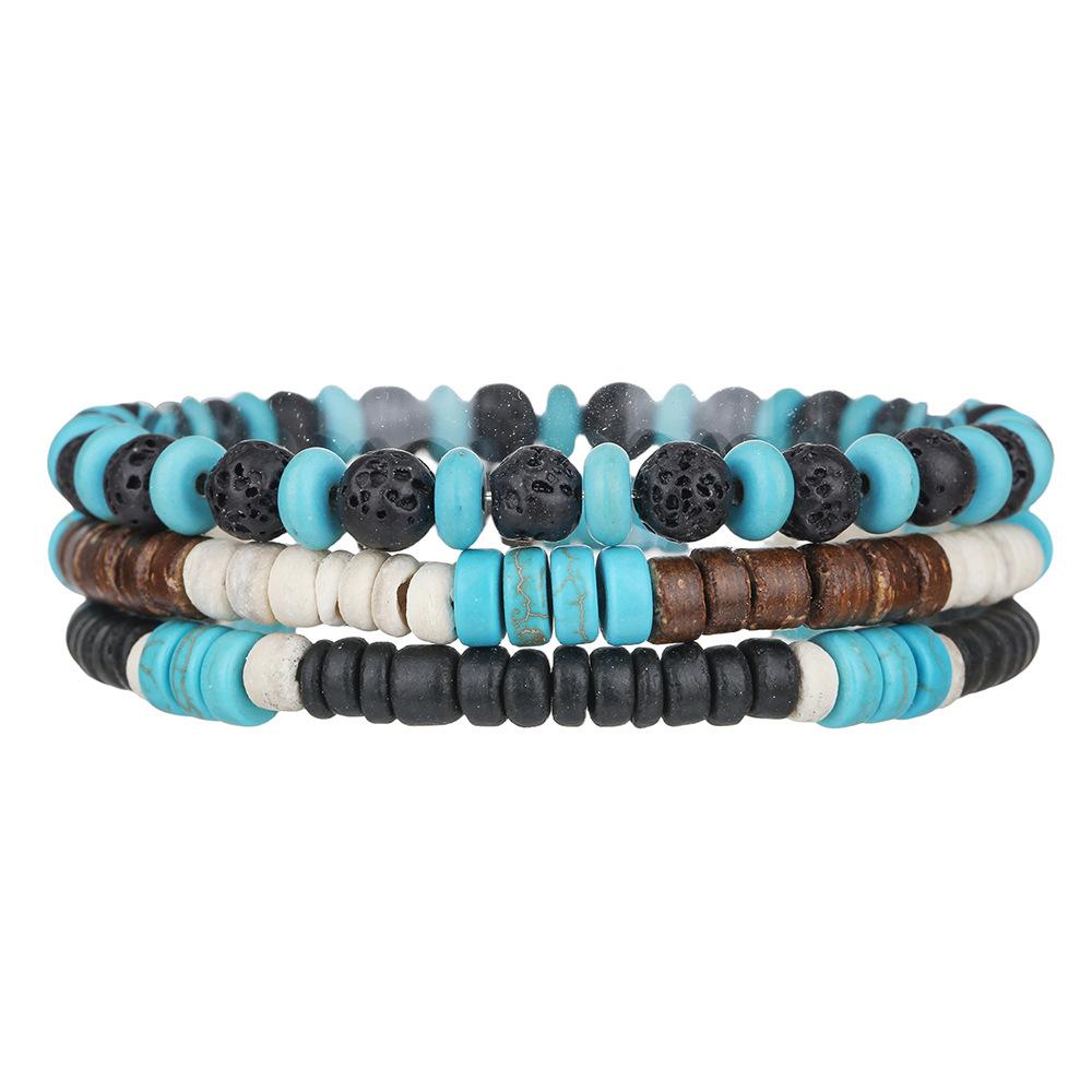 Handmade beaded volcanic stone turquoise bracelet men's retro multi-layer elastic stacked wooden bead coconut shell bracelet non-fading
