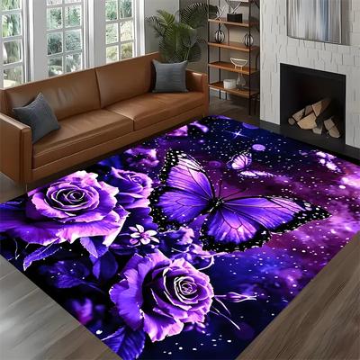 Lila Blumen und Schmetterlinge Druck Großer Teppich Weicher Raumteppich Fußmatte Sofa Schlafzimmer Zuhause Leicht zu reinigen Dekor Sehr schön