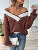 Color Block Patchwork Pearl Beaded V-Neck Loose Knit Sweater for Women