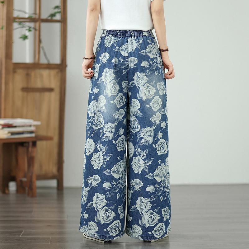 Dimanaf 2025 Nuevo Verano Básico Pantalones Vaqueros Elásticos Estampado Floral Mujer Sueltos Vaqueros Pantalones Casuales de Pierna Ancha