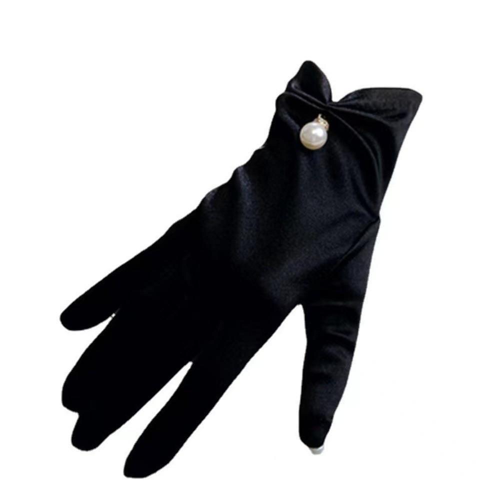 Pearl Decorative White Satin Bridal Gloves Solid Color Women Silk Gloves  Ladies