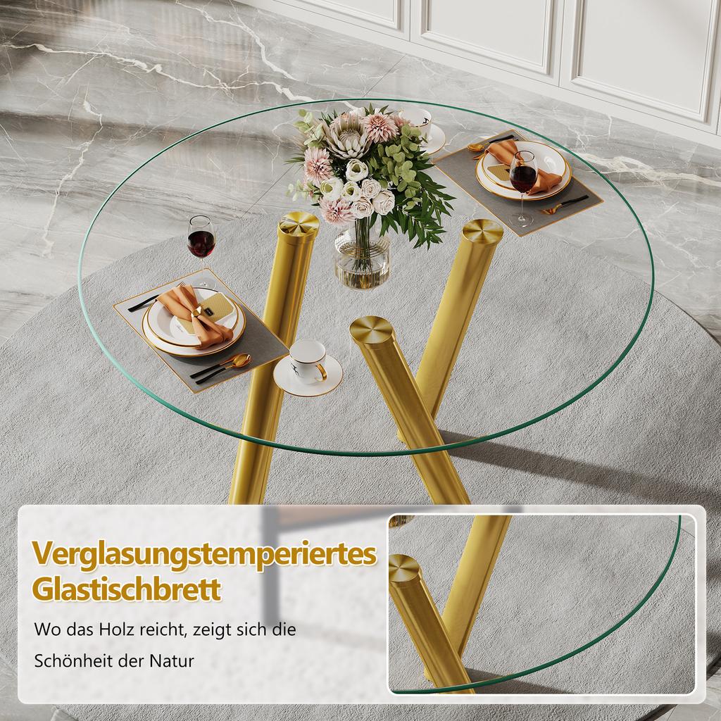 89 cm, Runder Esstisch aus gehärtetem Glas mit stabilen Beinen aus goldfarbenem Metall