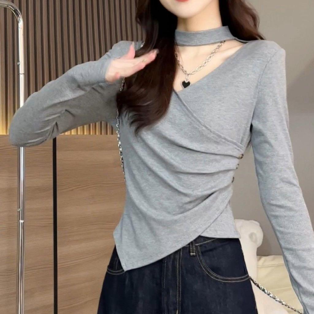 Women's Plus Size V-Neck Pleated Long-Sleeve Top - Stylish Spring/Autumn Slim Fit