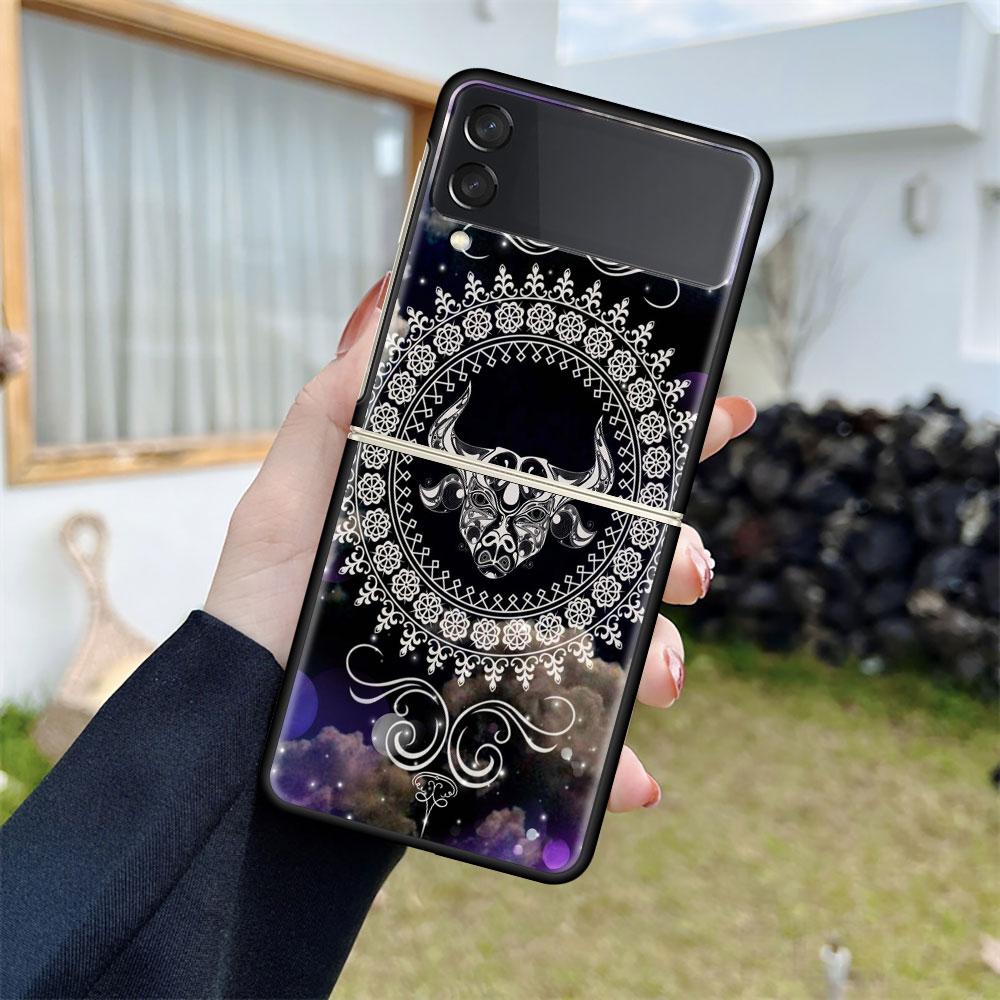 Luxury Case For Samsung Galaxy Z Flip 4 3 5G Black PC Hard Phone Cases Fashion Back Cover ZFlip Funda Mandala 12 Constellations