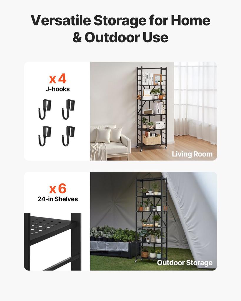 6-Tier Foldable Storage Shelf with Wheels 24 x 12 x 72-inch Metal Shelving