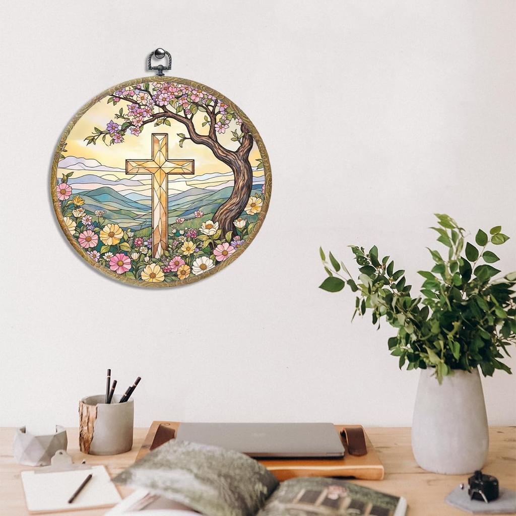 piratonal Wildflower Cross Faith Christian Gifts for Women Men Religious Gifts Framed Round Wall Decor Canvas Wall Art Hanging Prints Artwork for