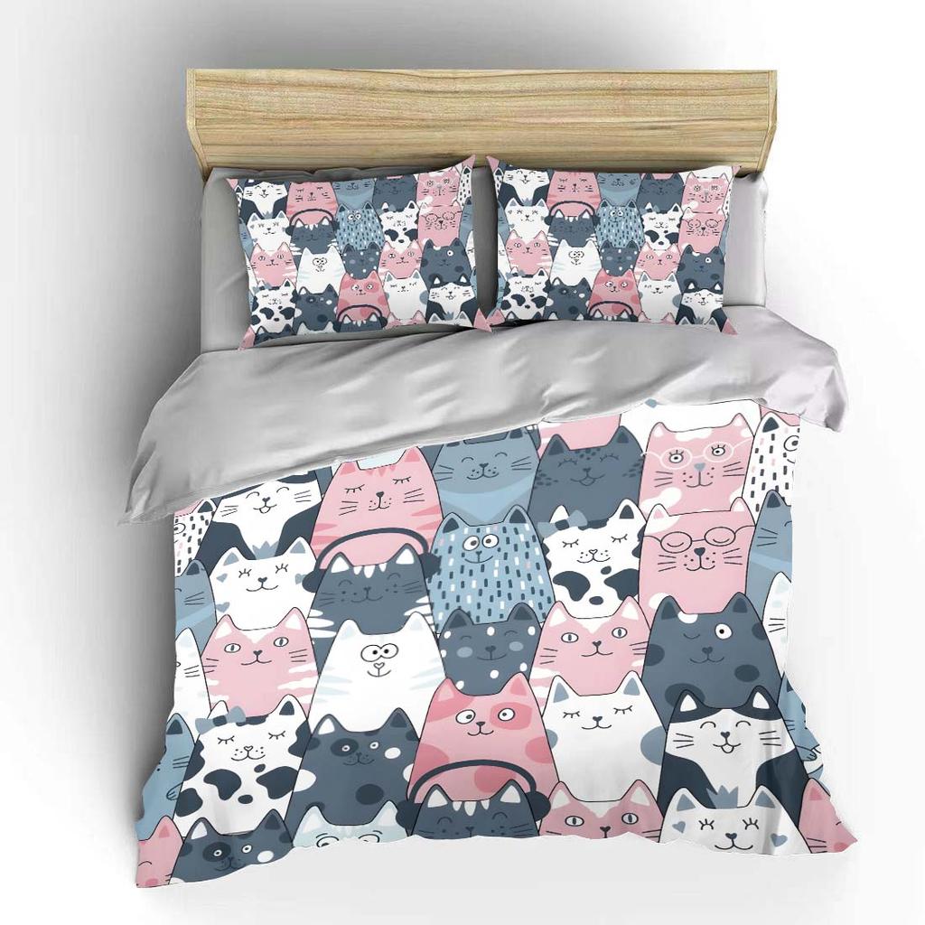 Cute Cartoon Cat Pattern Bedding Set For Kids Luxury Gift 3Pcs Digital Print Comforter Set Soft Comfortable Breathable