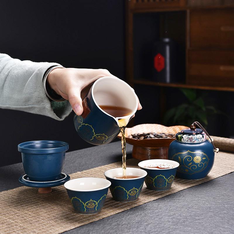Ceramic Portable Travel Tea Set, Retro Single Set, Outdoor Express Cup, One Pot, Three Cups Of Kung Fu Brewing Teapot