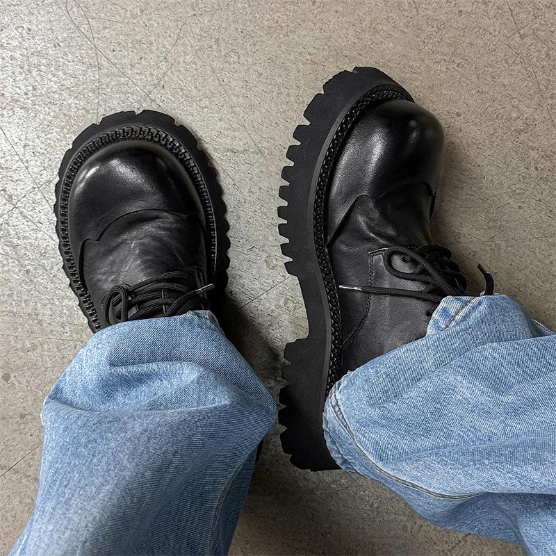2024 Men's Genuine Leather Round Toe Derby Shoes - British Style, Thick Sole, Black Boots