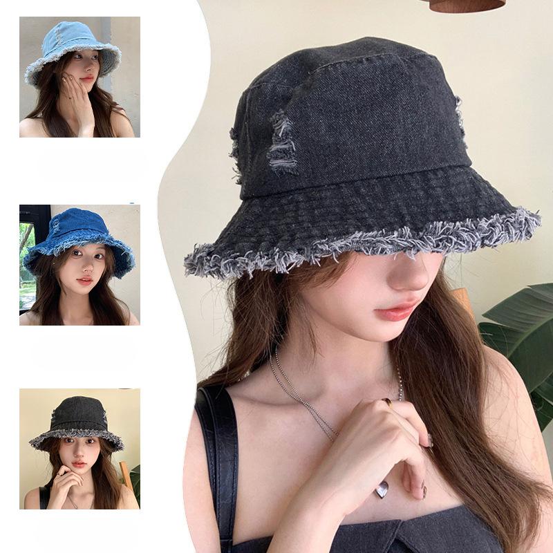 Japanese Spring and Summer Hat Women Cowboy Ripped Fisherman Hat Sweet and Cute Face Showing Small Sun Hat Sun Hat Sun Hat