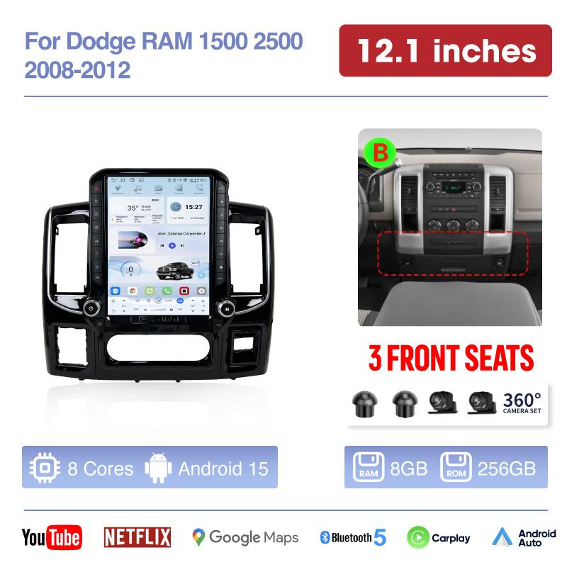 14.5 & 12.1 inch For Dodge RAM 1500 2500 2008-2012 Car radio multimedia GPS navigation Android 15 auto Carplay 360 camera 4G