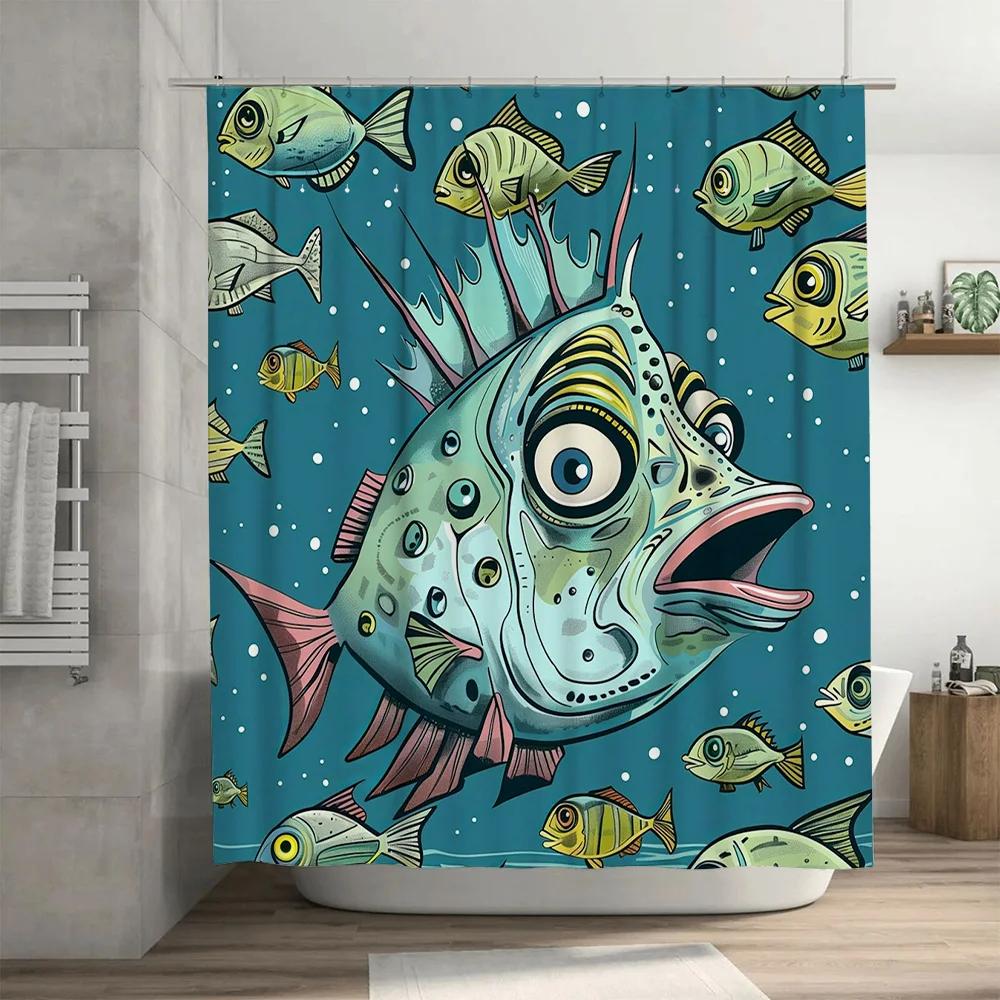 Stylish Blue Underwater World Fish Print Shower Curtain For Bathroom Decor Waterproof Fabric, Easy Install Shower Curtains
